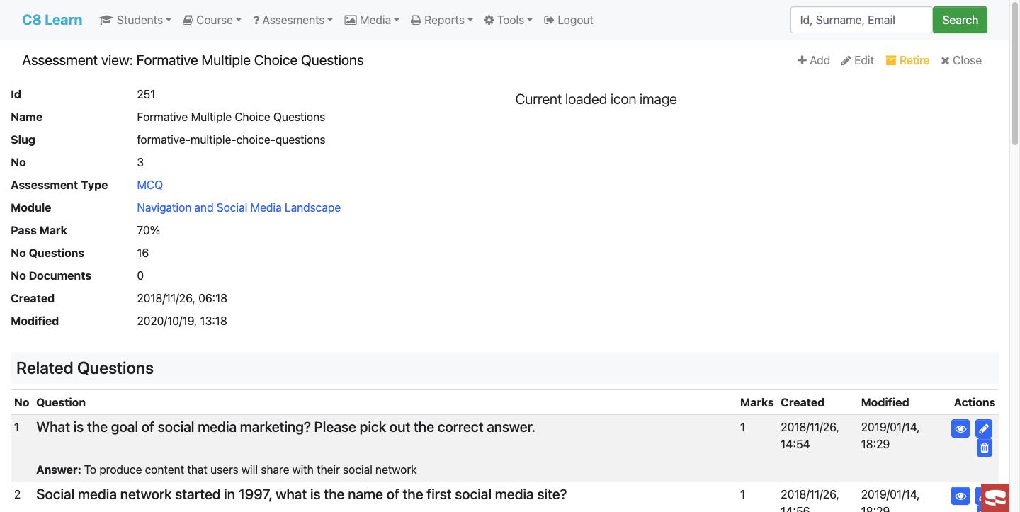 Assessment detail with pass mark and a table of related questions
