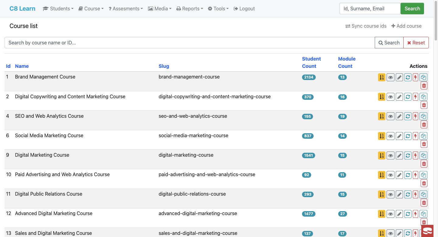 Admin course list with student and module counts
