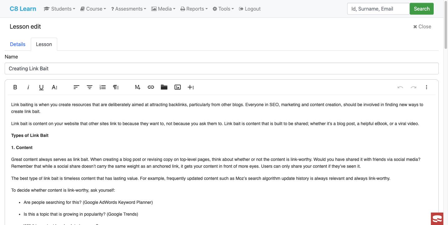 Lesson editor with a rich text toolbar and lesson content