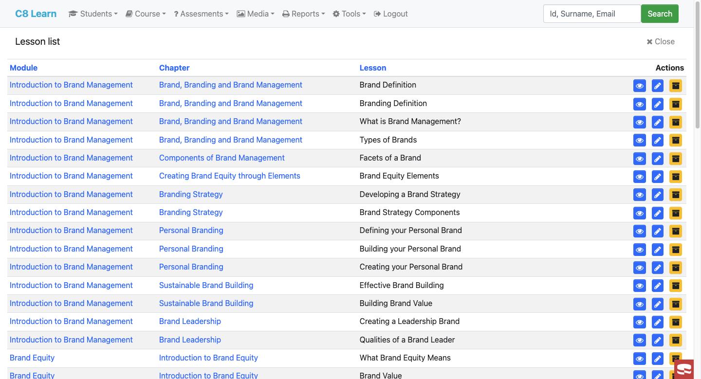 Lesson list grouped by module and chapter