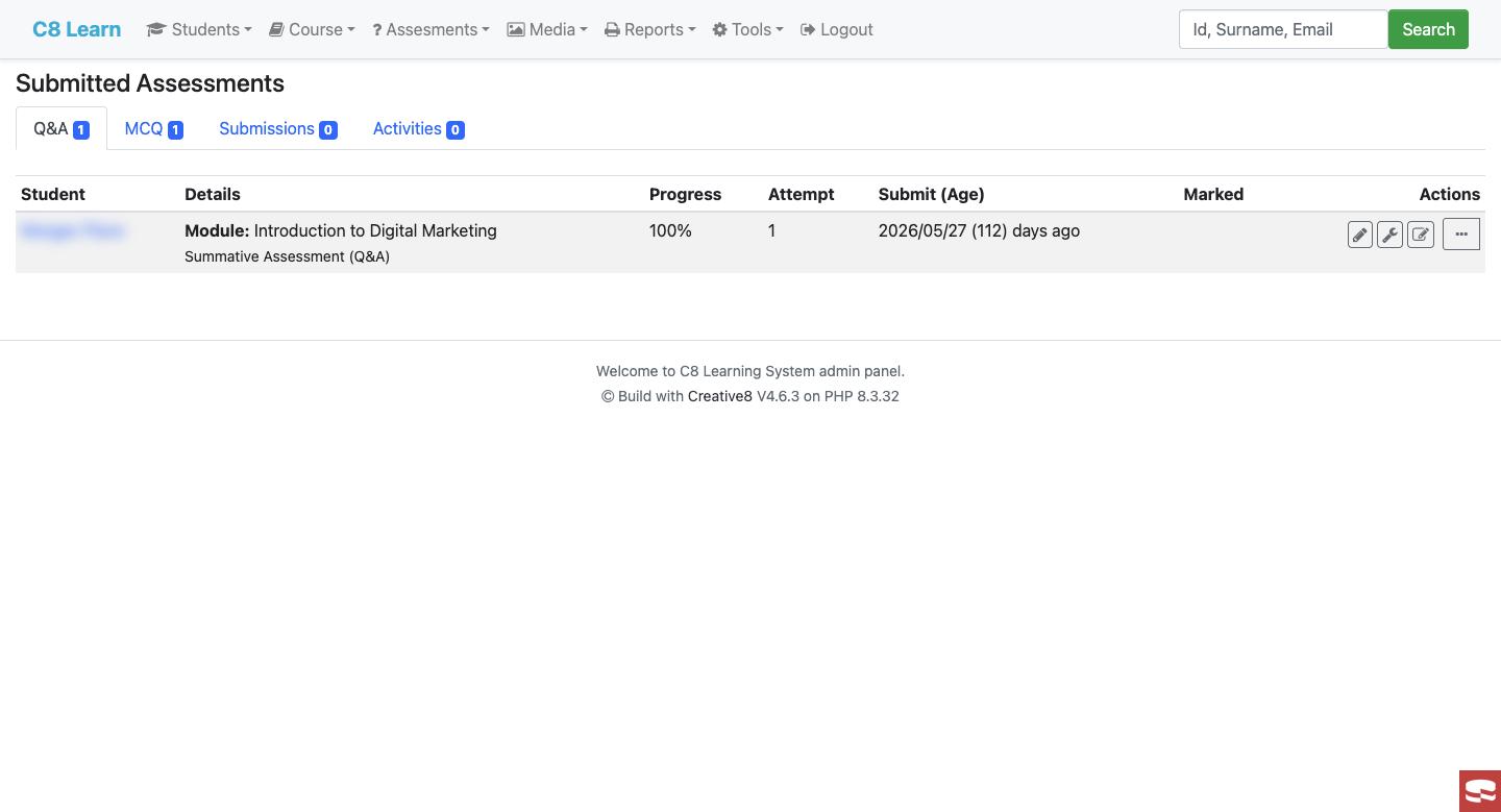 Submitted assessments queue with tabs per assessment type