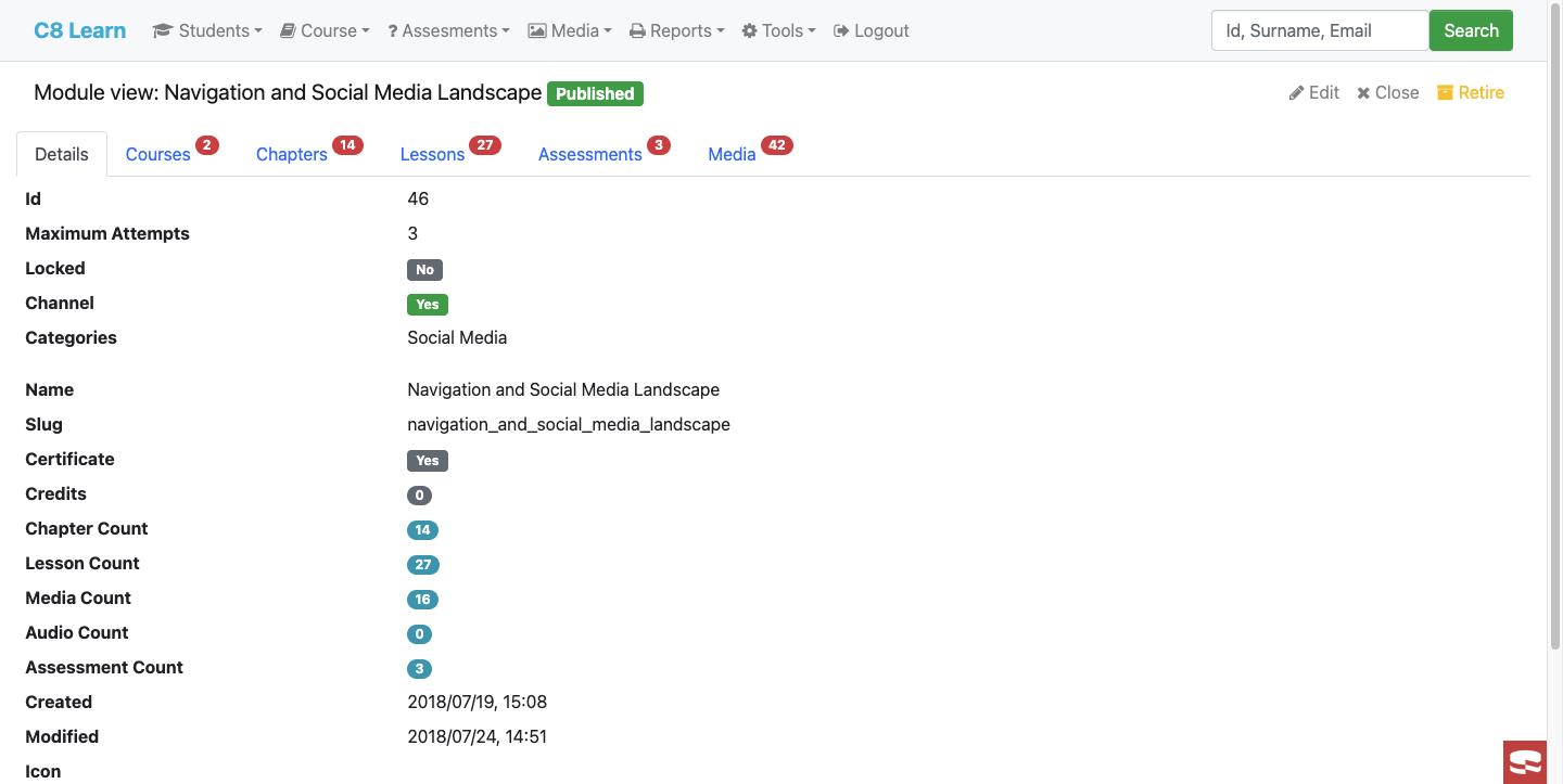 Module detail with tabs for courses, chapters, lessons, assessments and media
