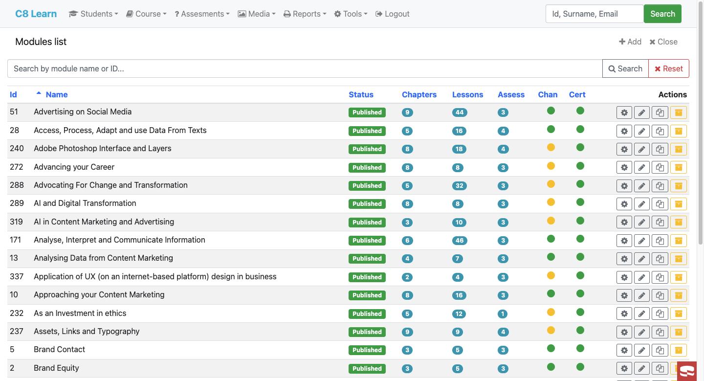 Module list with status, chapter, lesson and assessment counts