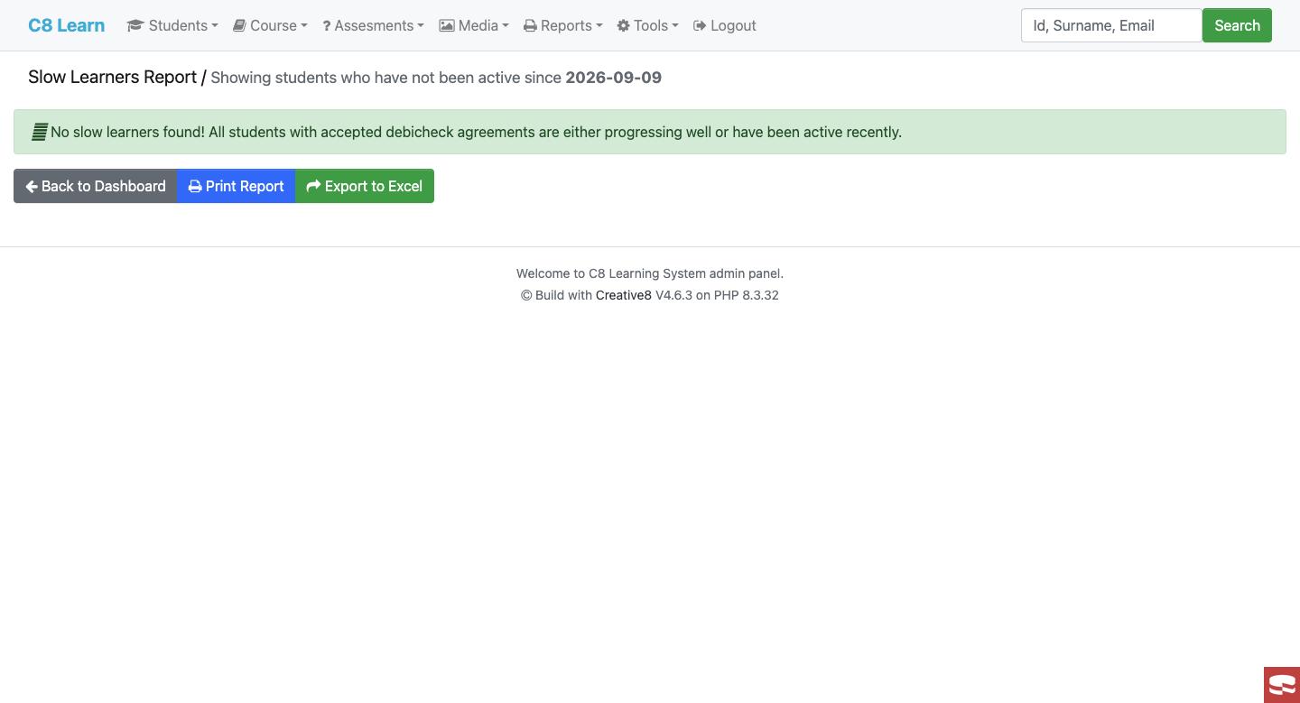 Slow learners report with print and Excel export buttons
