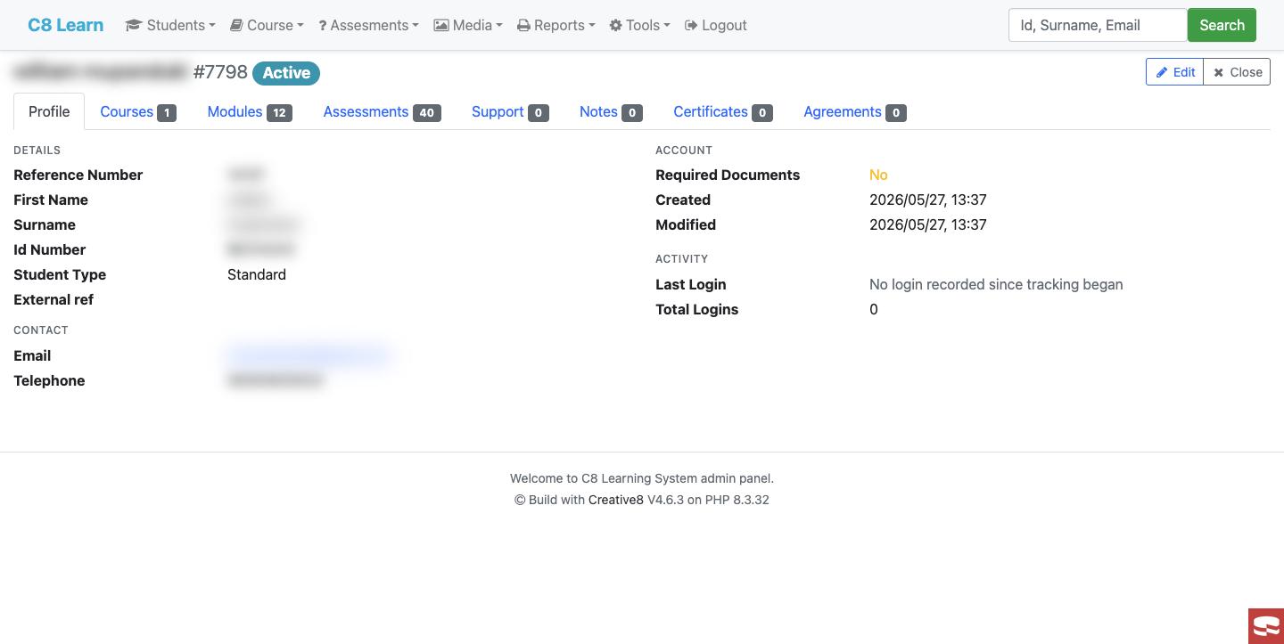 Student record with tabs for courses, modules, assessments and support (personal details blurred)