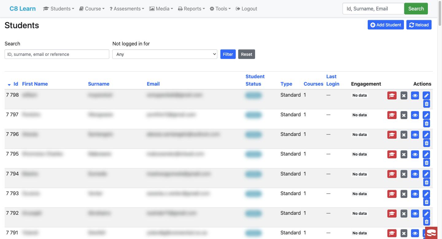 Student list with search, status, type and actions (personal details blurred)