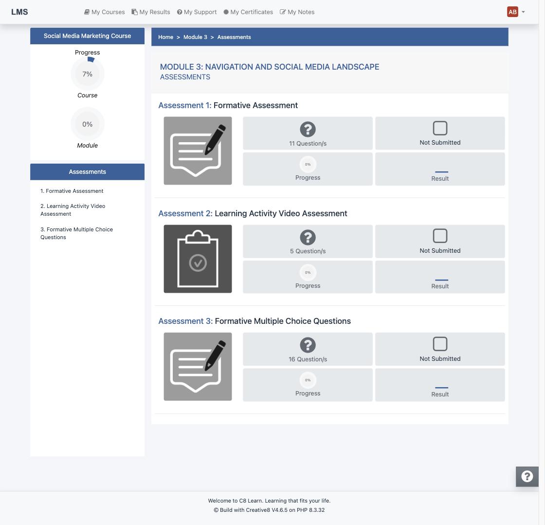 Assessment list for a module showing question counts and status
