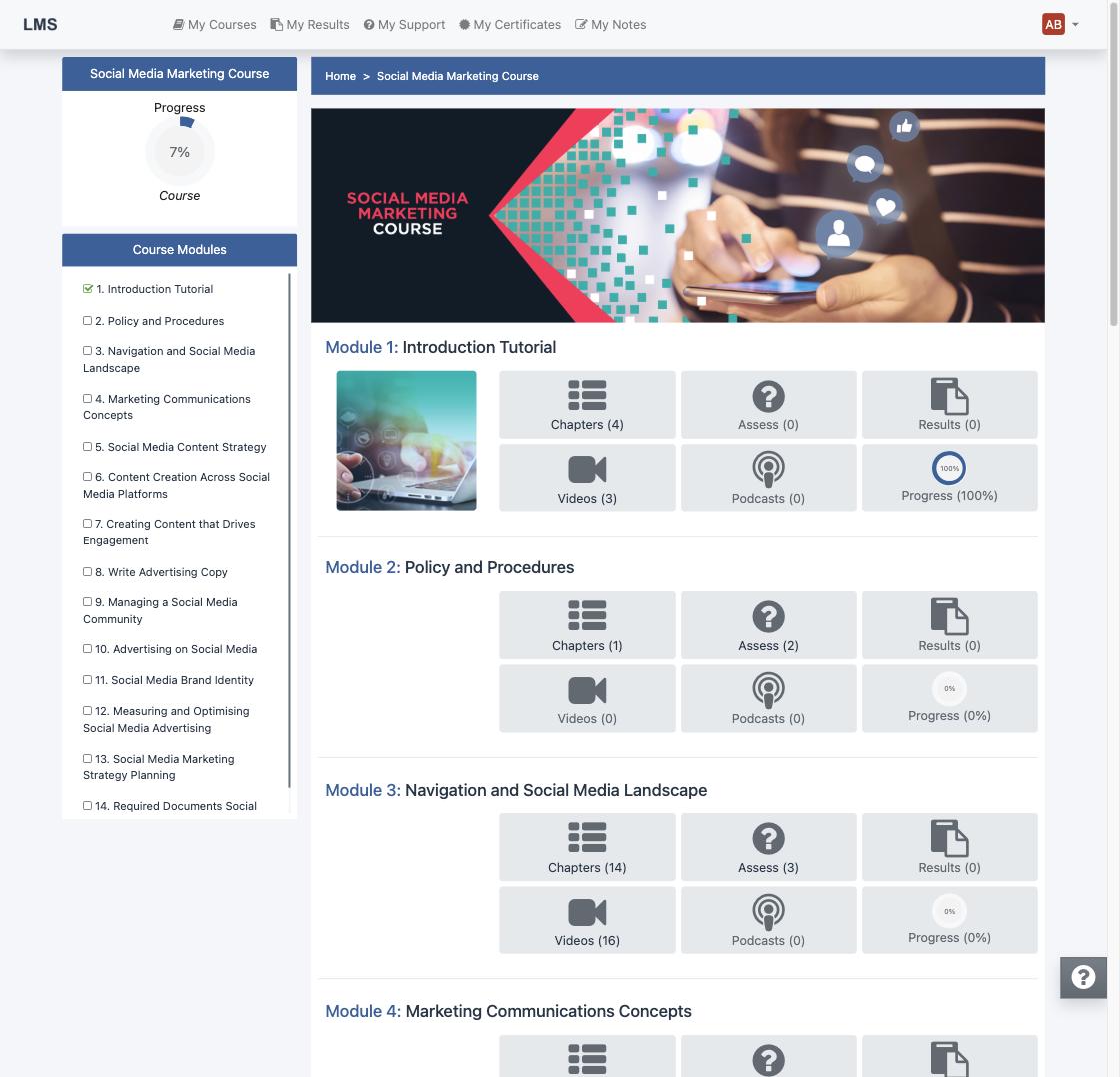 Learner course page showing modules with chapters, assessments, results and progress