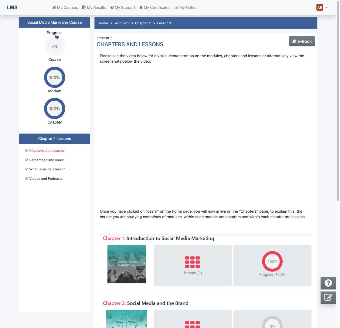 Lesson page with E-Book button, lesson navigation and progress rings