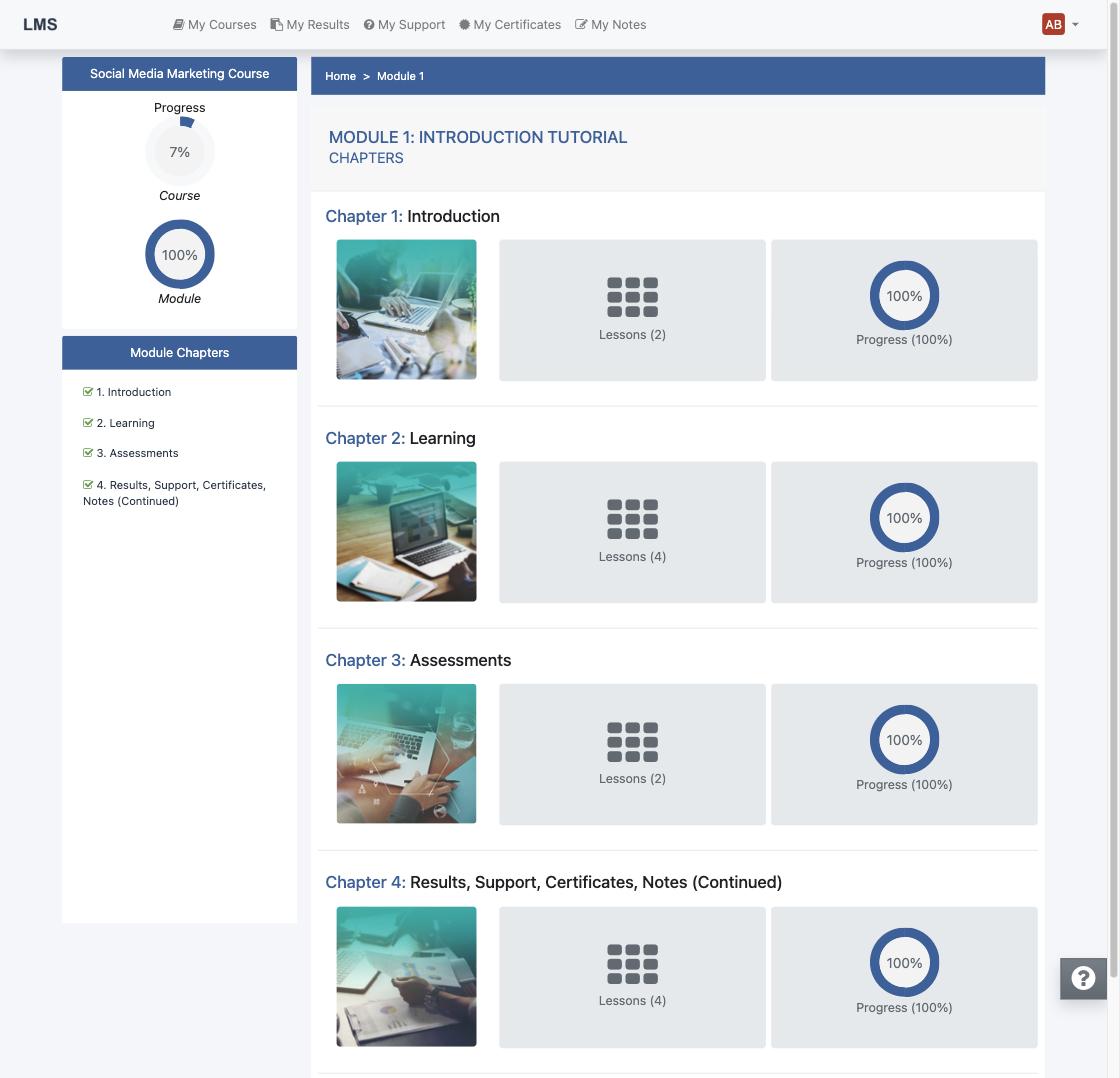 Module page listing chapters with lesson counts and progress rings
