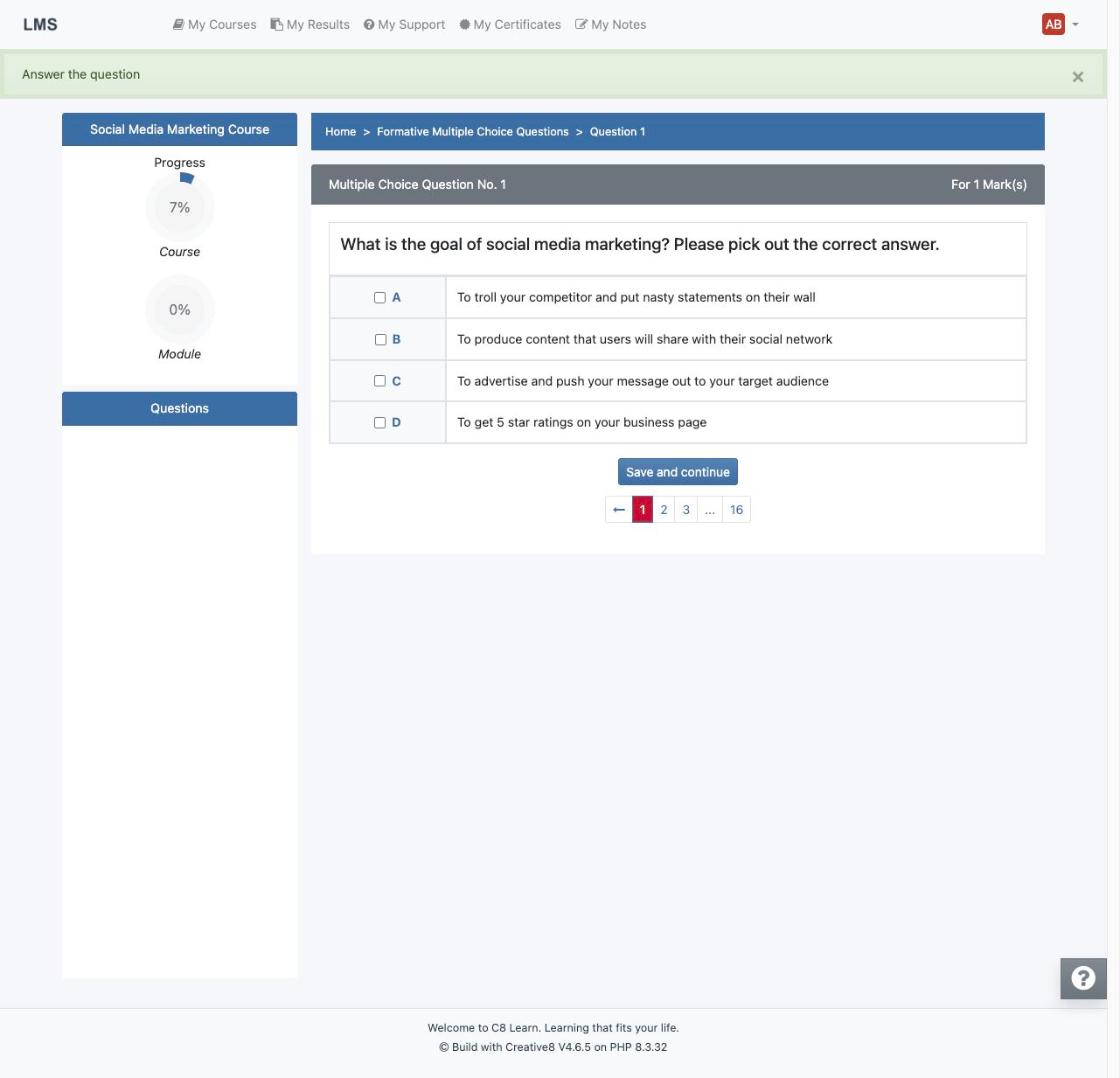 Multiple choice question with four options and pagination