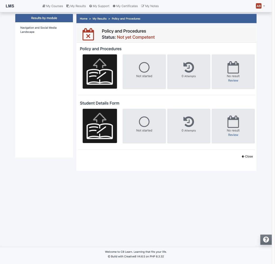 Results page showing module status and assessment attempts